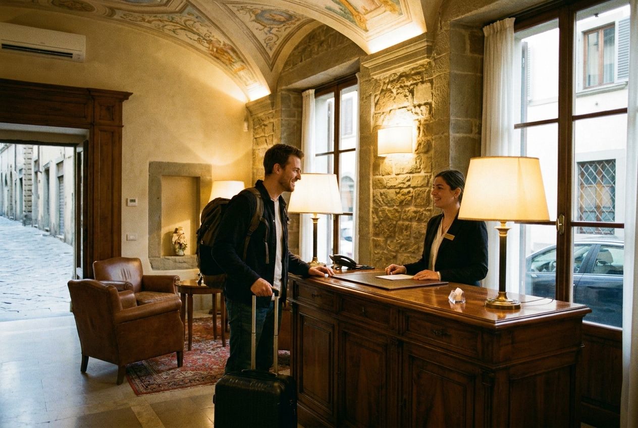 A traveler smiles politely at a friendly receptionist behind a polished wooden desk in the elegant, warmly lit lobby of a charming boutique hotel in Italy, composed for a 3:2 landscape photograph.