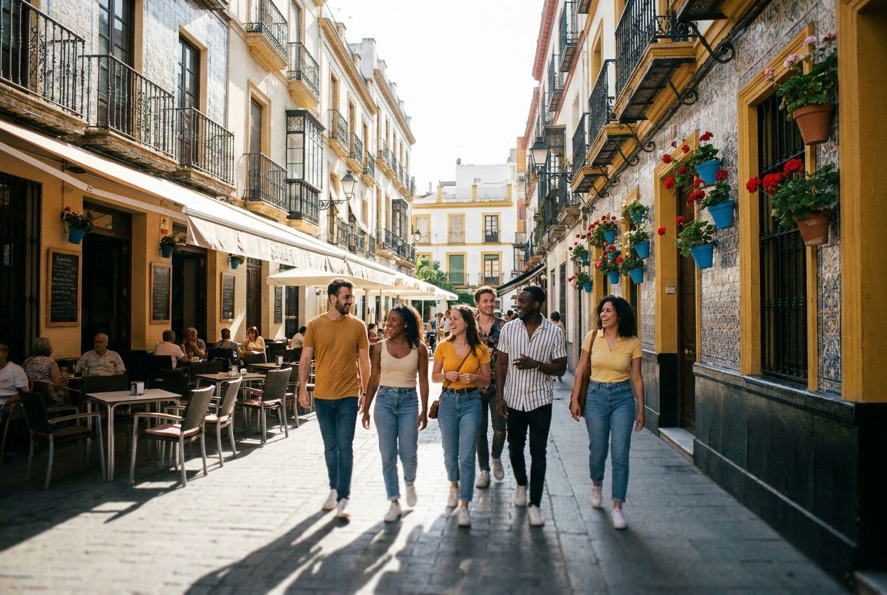 A group of friends walking with purpose down a sun-drenched, picturesque street in Seville, Spain, looking ahead with smiles of anticipation. Historic Spanish architecture, vibrant potted plants, and outdoor cafe seating line the street in the background. A dramatic, wide-angle photograph with shallow depth of field, 3:2 landscape.