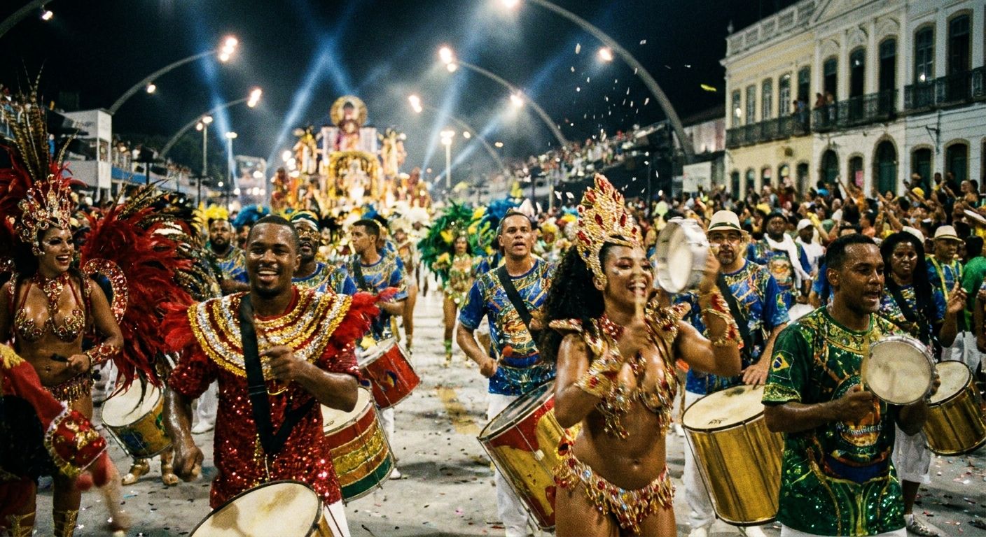 A vibrant, high-energy photograph capturing the 'bateria' (drum section) of a Brazilian samba school performing during Carnaval. Drummers are in motion, wearing elaborate and richly colorful costumes, their faces full of joy and focus, with the blurred background suggesting a lively street parade. The lighting is dramatic, highlighting the festive atmosphere.