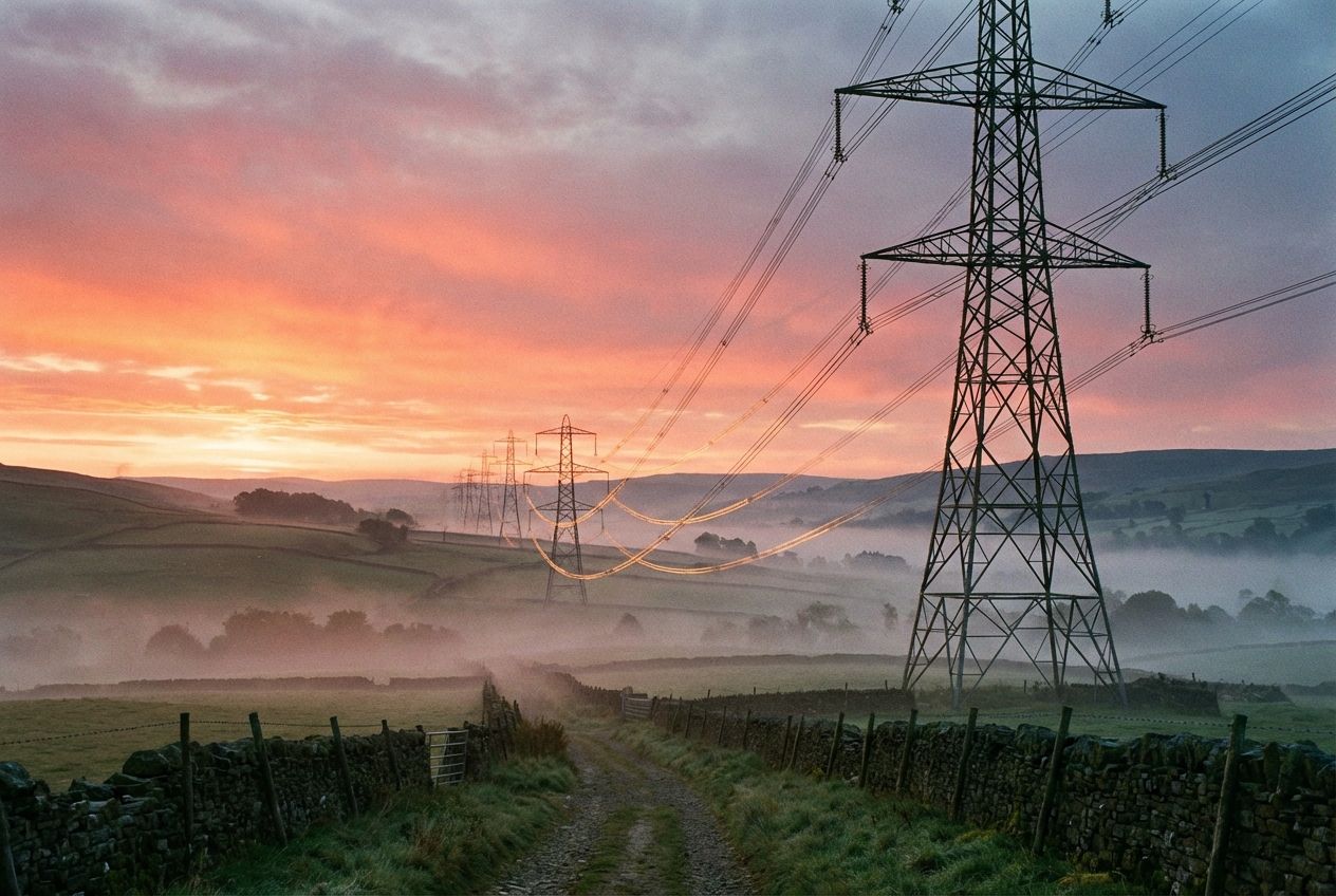 A dramatic wide-angle photograph of towering electricity pylons with gleaming high-voltage transmission cables, stretching across a misty British countryside at dawn. The scene captures the vast, interconnected network of the National Grid in a powerful 3:2 landscape frame.