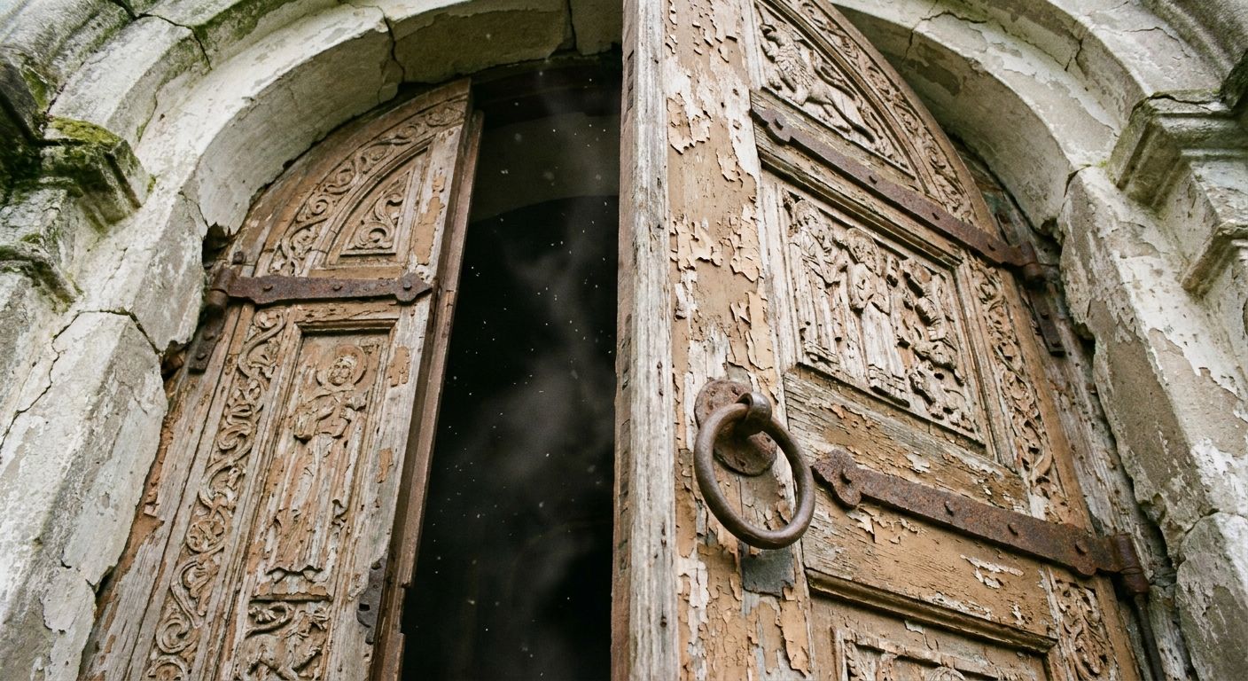 A close-up, low-angle shot of a heavy, ornate wooden door with peeling paint and intricate carvings, set in a weathered stone archway of an old Russian building. The door is slightly ajar, revealing only a sliver of deep shadow and suggesting an unseen presence beyond, bathed in soft, diffused light.