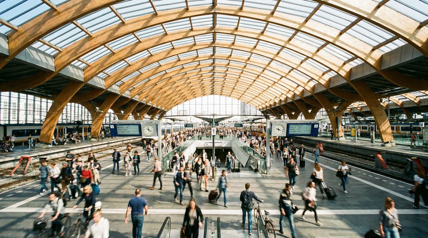 A dynamic, wide-angle photograph captures the controlled chaos of a busy, modern train station in the Netherlands. Commuters move purposefully across platforms and concourses, some checking their watches or looking at departure boards, embodying the constant flow of daily obligations and destinations. The scene is filled with natural light, showcasing the architectural details and the vibrant energy of people needing to be somewhere.