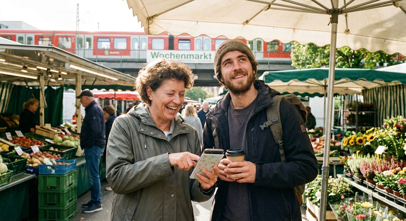 A bright, candid photograph of two people interacting warmly at a lively German train station or market, one person gesturing to give directions or offering assistance, while the other responds with a grateful smile, capturing the essence of practical, everyday communication and help in a German context.
