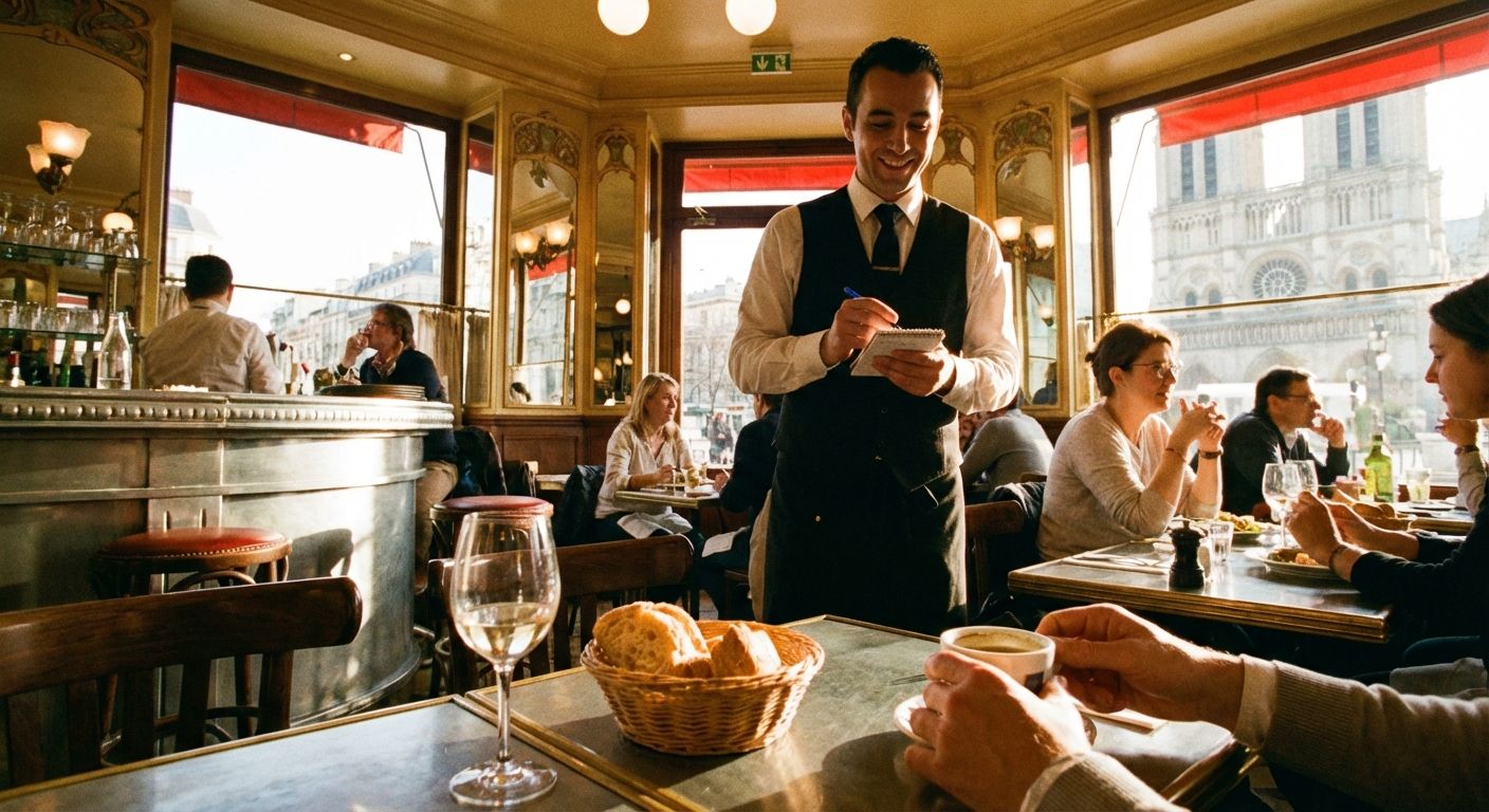 The image is a medium shot taken in a brightly lit, traditional-style French bistro. The warm, golden lighting enhances the details of the ornate interior, featuring paneled walls, gold accents, and globe light fixtures. In the foreground, a basket of bread, a wine glass, and a coffee cup sit on a table. A waiter in a vest and tie is positioned centrally, taking an order with a smile. Through the large windows, the Notre Dame Cathedral is visible in the distance, indicating a Parisian setting. The overall composition is busy yet balanced, capturing the lively atmosphere of the restaurant.