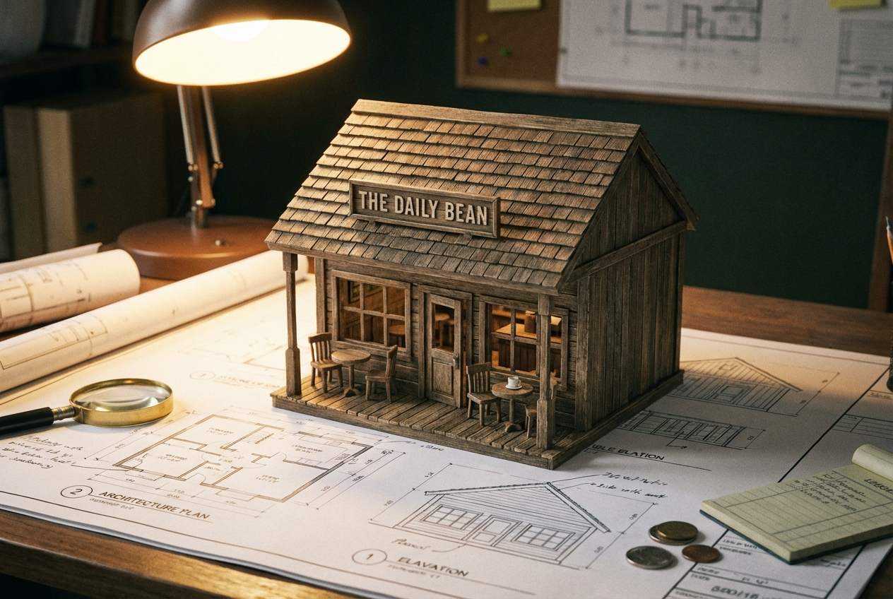 A beautifully intricate wooden model of a small, independent coffee shop, bathed in warm, soft light, rests carefully on a detailed architectural blueprint. The 3:2 landscape shot captures the meticulous planning and foundational structure required to bring a business idea to life, with a subtle hint of financial foresight.