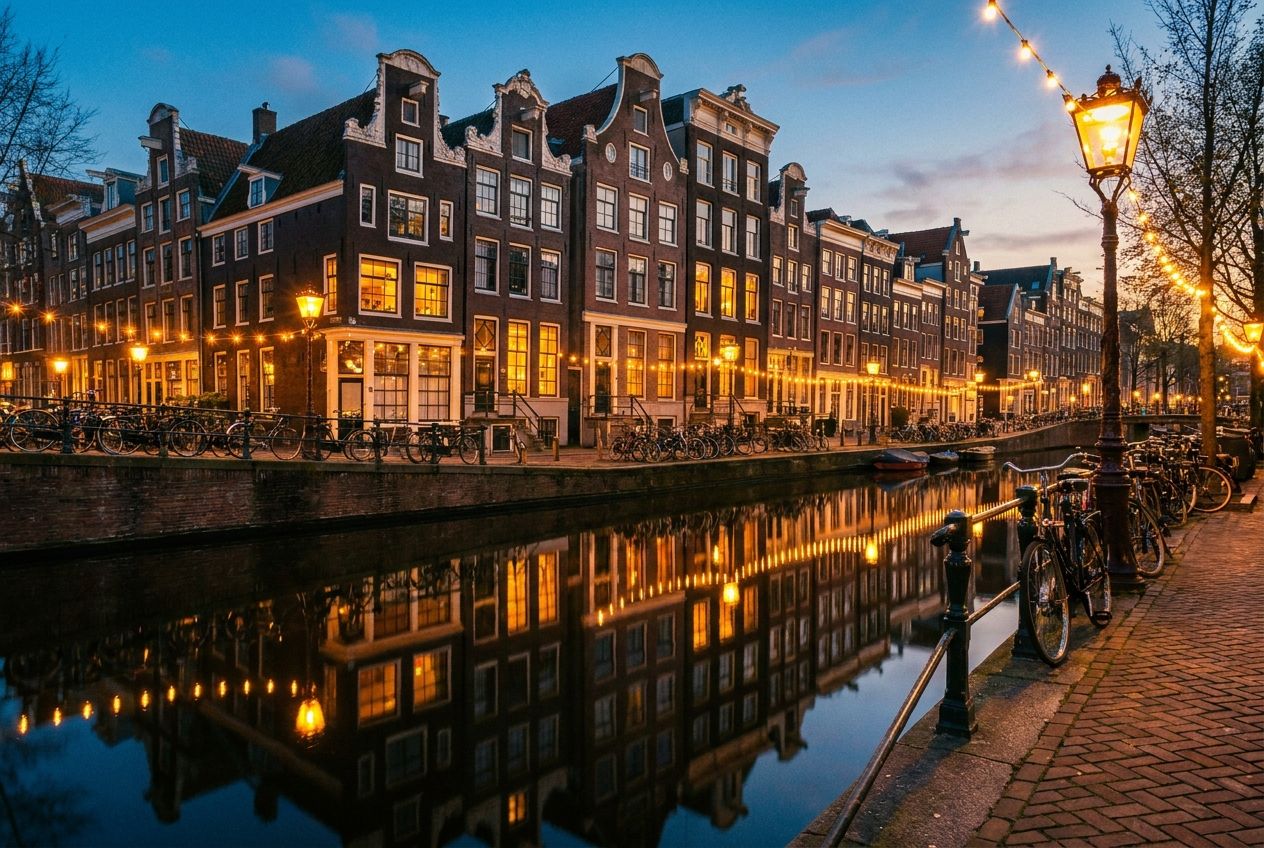 A vibrant photograph of classic Amsterdam canal houses reflecting in the calm water at dusk, with several bicycles parked along the canal path. Warm streetlights begin to glow, casting a serene and inviting atmosphere over the scene, composed for a 3:2 landscape frame.