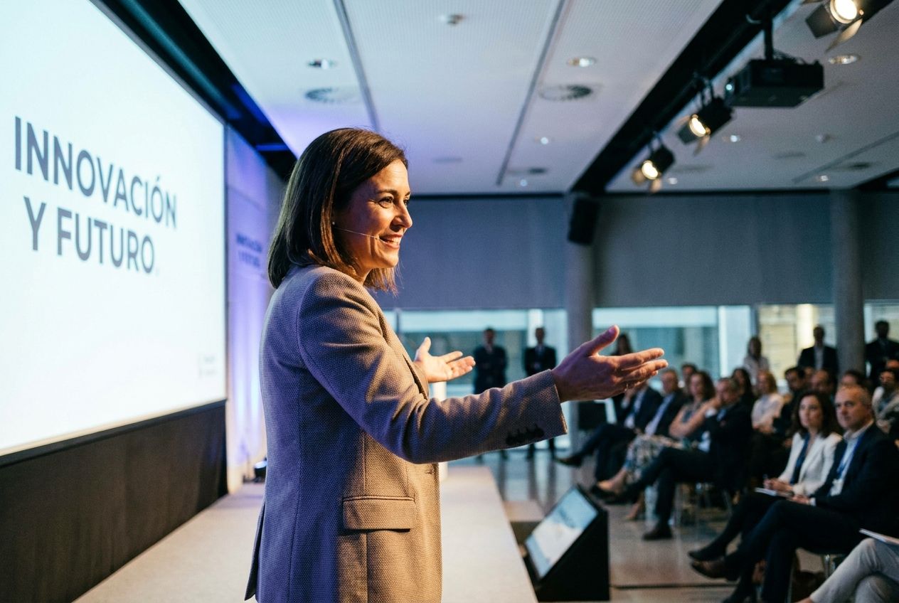 A confident person of Spanish descent, mid-sentence, making an open, welcoming gesture while giving a presentation on a well-lit stage. The background shows a blurred, attentive audience in a modern conference hall, conveying a dynamic and successful spoken presentation in this vivid photograph composed for a 3:2 landscape frame.