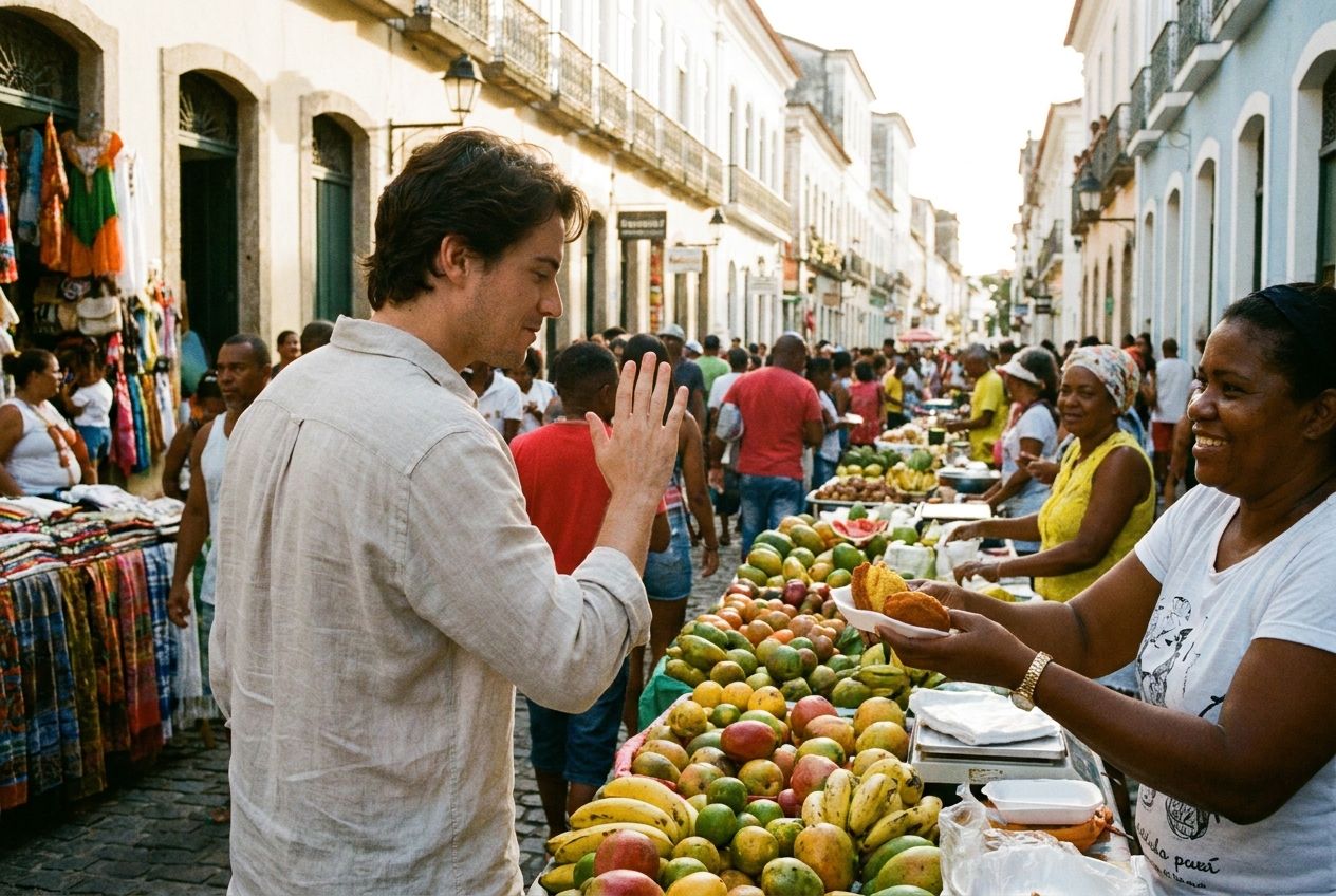 A vibrant, sun-drenched street market scene in Brazil, where a person politely declines an offer of freshly prepared street food from a friendly vendor. The person subtly shakes their head and makes a gentle hand gesture of refusal, while the market bustles with colorful produce and lively activity in the background. Photorealistic, 3:2 landscape.