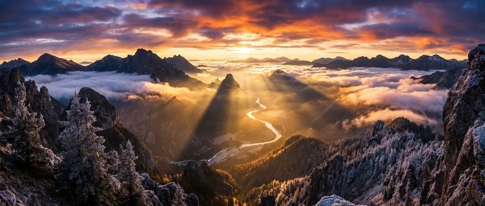 A breathtaking, wide-angle photograph of a vast, untouched mountain landscape at sunrise, with golden light dramatically piercing through a dense cloud inversion, casting long shadows and illuminating a winding river below. The scene conveys immense power and serene majesty, like the dawn of creation.