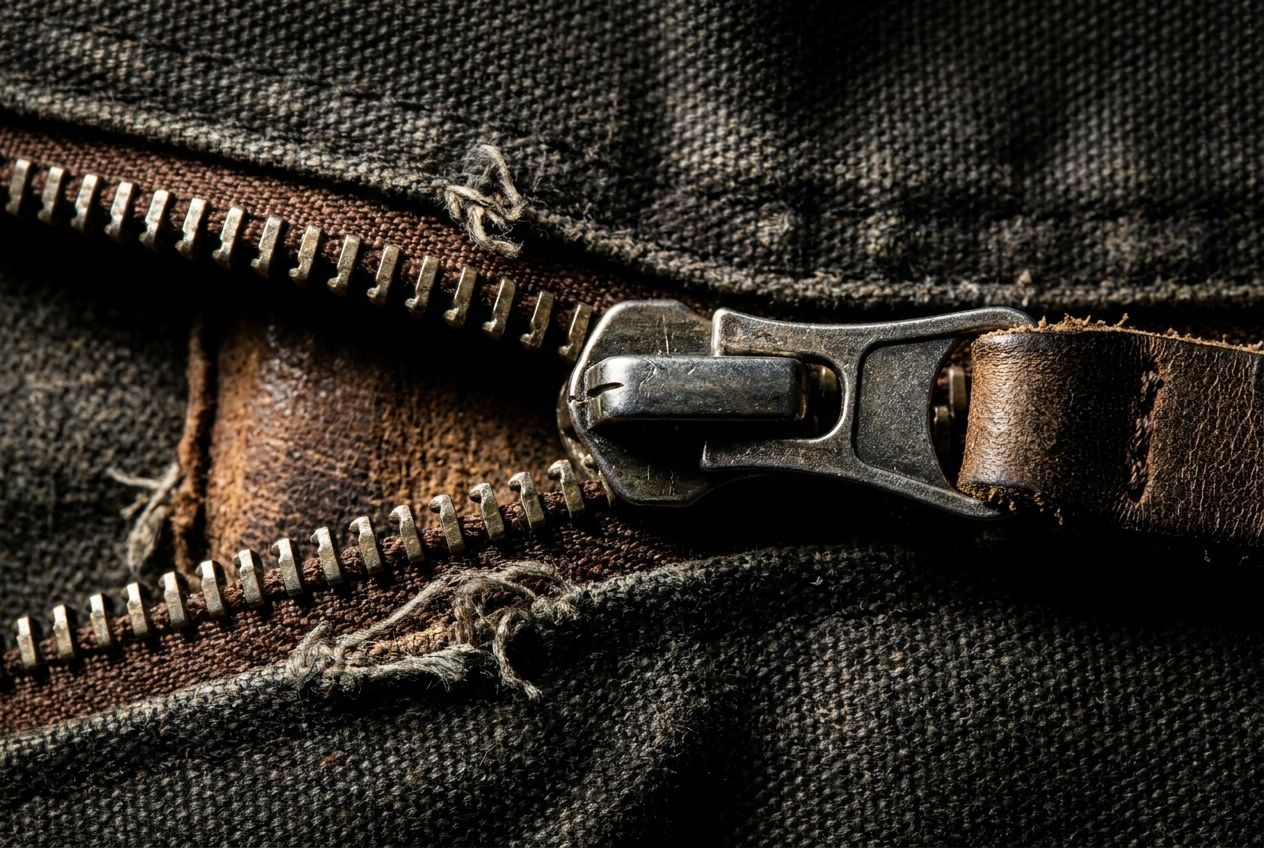 A dramatic close-up photograph of a heavy-duty metal zipper being unzipped on a rugged, textured fabric. The zipper pull moves dynamically towards the far right of the 3:2 frame, creating a clear and distinct separation between the two sides of the fabric. Strong, directional lighting highlights the metallic teeth and the texture of the material.