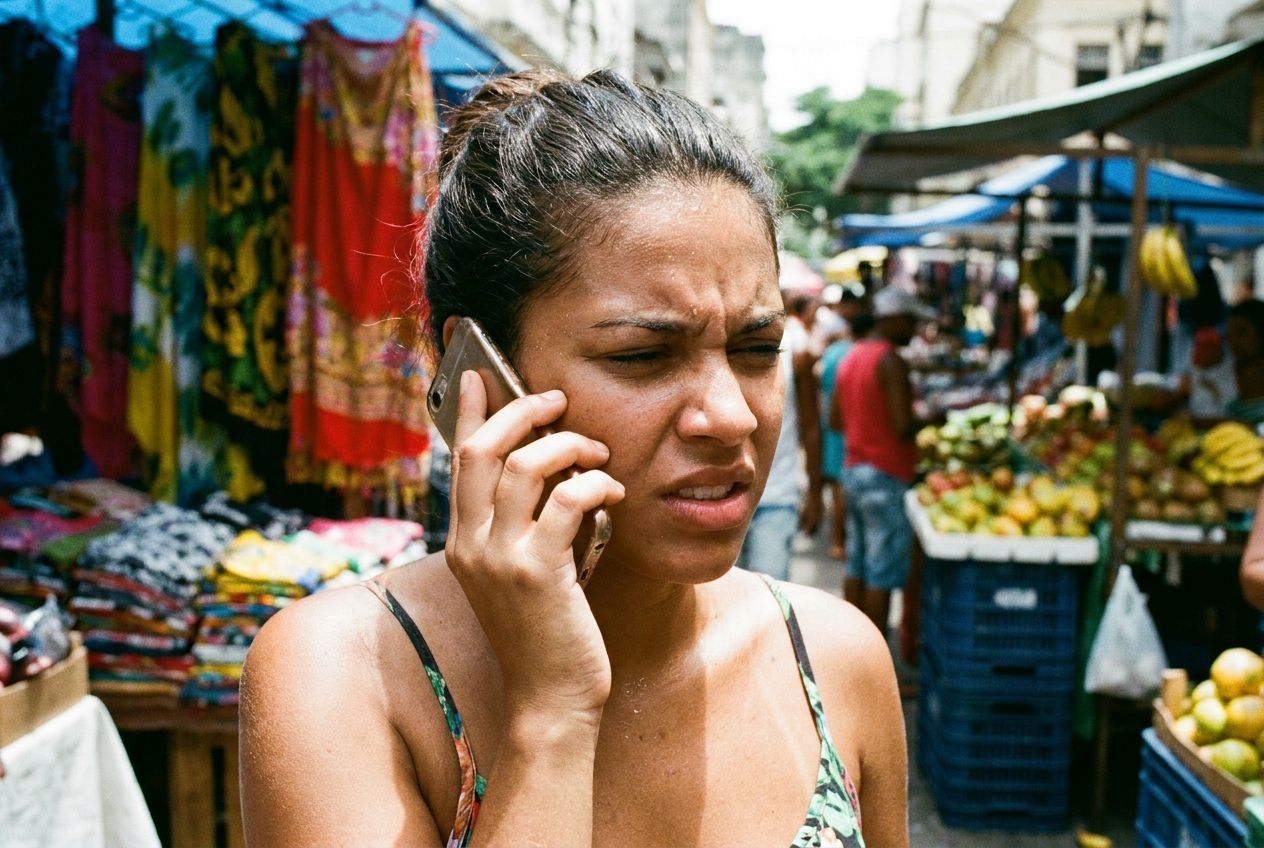 A close-up, dramatic photograph of a young Brazilian woman in a vibrant, sun-drenched street market in Rio de Janeiro, holding a smartphone to her ear. She has a look of intense concentration and slight frustration, struggling to hear over the lively background noise, her hand slightly cupped to her ear, symbolizing a challenging phone connection. The scene is rich with color and authentic Brazilian atmosphere, captured in a 3:2 landscape.