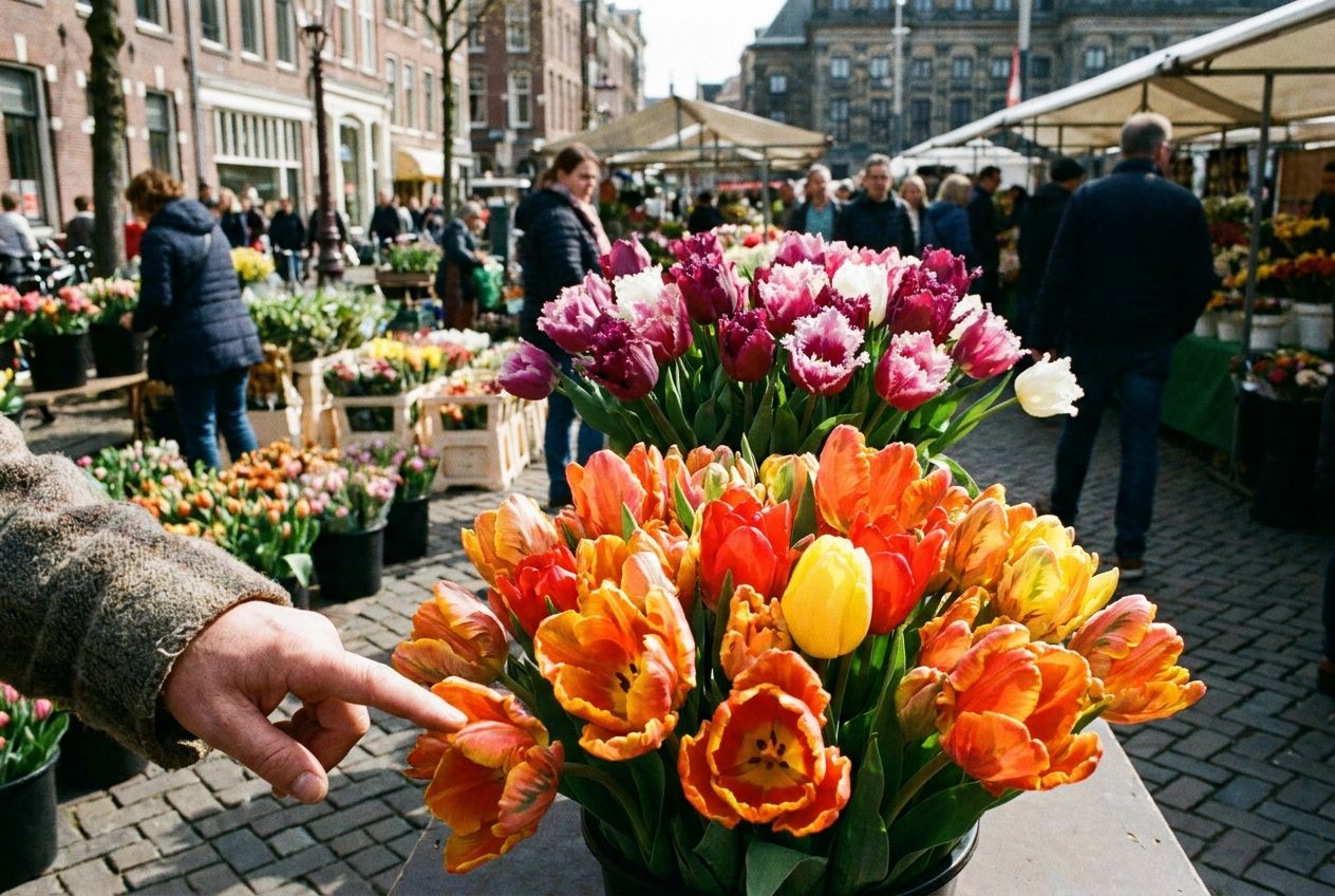 A vibrant close-up photograph of two distinct, colorful bouquets of tulips displayed at a bustling outdoor Dutch flower market. A person's hand subtly gestures towards one bouquet, while the other sits slightly further away, emphasizing comparison and choice. The scene is bathed in natural light, rich with color and activity, composed for a 3:2 landscape frame.