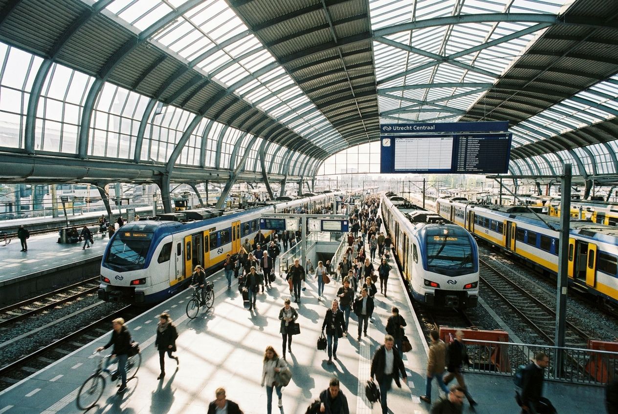 A wide-angle, dynamic photograph of the bustling interior of Utrecht Centraal station in the Netherlands. Modern, sleek trains are visible on multiple tracks, with commuters moving across platforms and through the high-tech, sunlit architectural space, composed for a 3:2 landscape frame.
