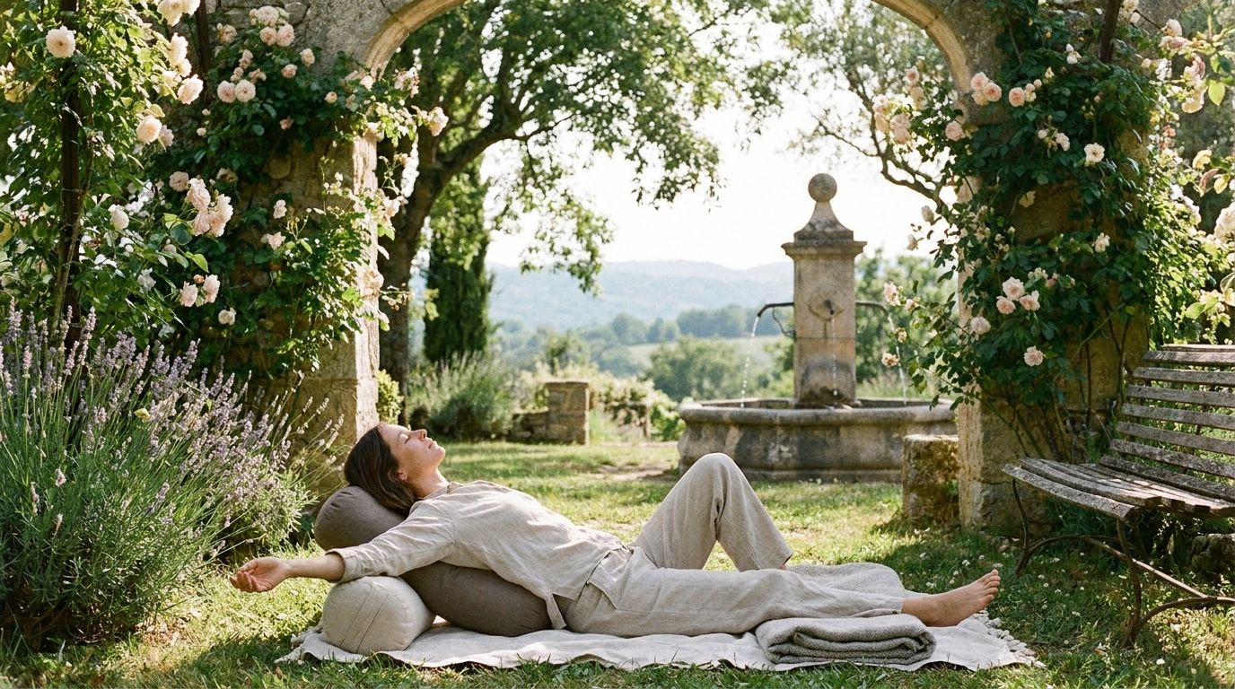 A person is performing a gentle, restorative stretch or yoga pose in a tranquil, sunlit French garden, emphasizing calm and well-being. The scene is captured in a wide shot with soft, natural light, evoking a sense of peaceful recovery.
