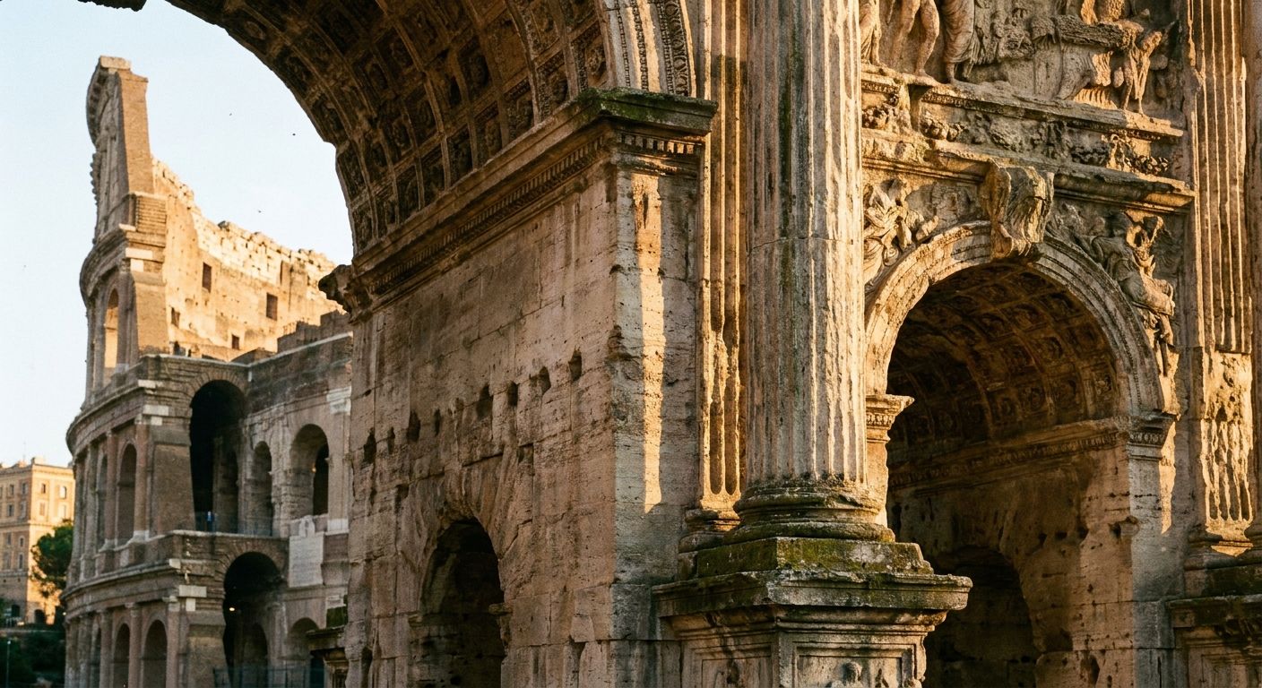 A dramatic close-up photograph of a weathered stone column or archway from an ancient Roman ruin in Italy, like the Colosseum or Roman Forum. Warm, golden hour light casts long shadows, highlighting the intricate textures and enduring strength of the ancient architecture.