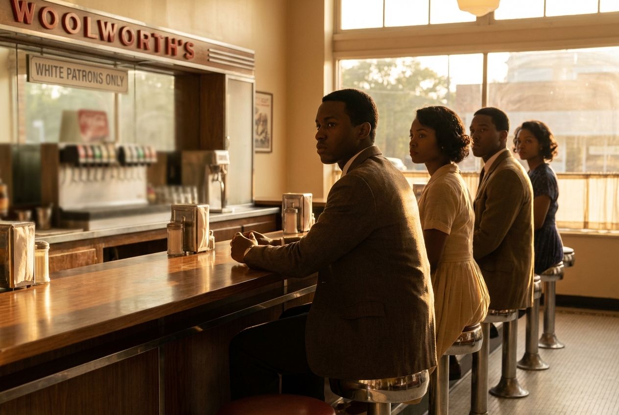 A powerful, cinematic photograph of four young African American students in neat attire, sitting defiantly at a polished, empty diner counter in a segregated Woolworth's. The scene is bathed in a warm, late afternoon glow, highlighting their quiet determination and the stark contrast of their presence against the backdrop of an implicitly unwelcoming establishment, composed for a 3:2 landscape frame.
