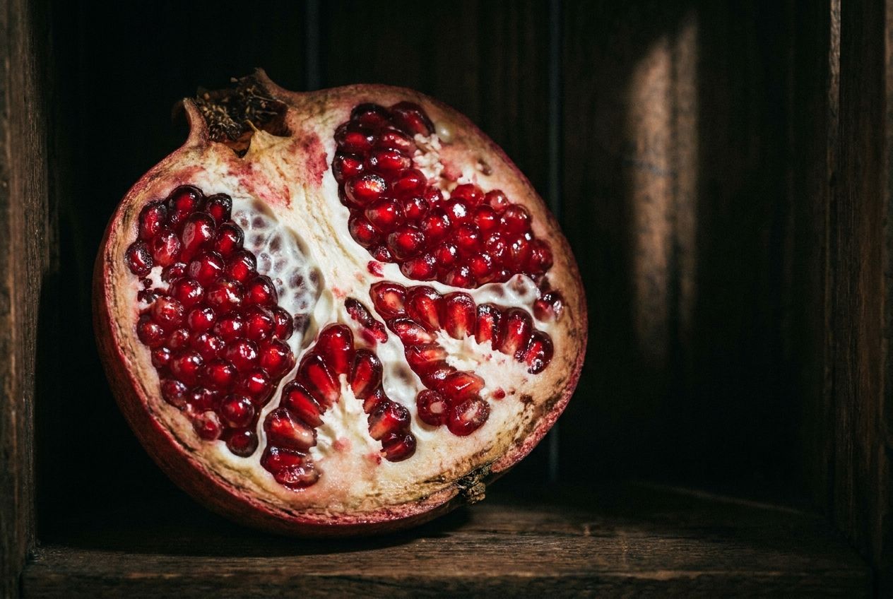 A dramatic, high-contrast close-up photograph of a vibrant, ripe pomegranate, cut open to reveal its glistening, jewel-like arils perfectly arranged and protected within the fruit's chambers. The scene emphasizes intricate natural structure and a sense of enclosed preciousness, composed for a 3:2 landscape frame.