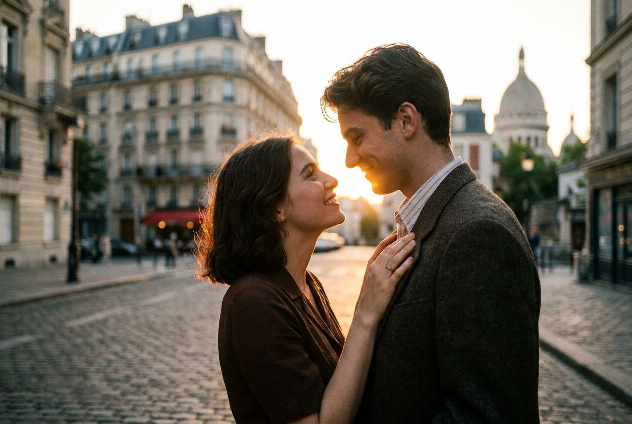 A tender, romantic photograph of a young couple looking directly into each other's eyes, sharing an intimate moment on a charming Parisian street at sunset. The iconic architecture of Paris is softly blurred in the background, with warm, golden light illuminating their faces. 3:2 landscape.