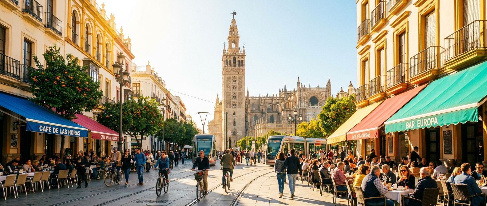 A vibrant, wide-angle photograph of a bustling morning street scene in Seville, Spain. Sunlight illuminates people walking, cycling, and enjoying coffee at outdoor cafes, capturing the energy of daily life.