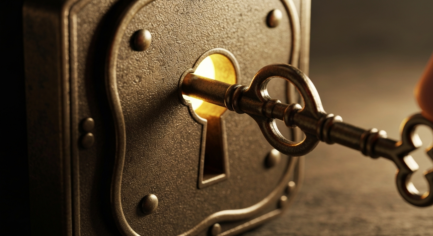 Here's a description of the image for generating a similar one:

The image is a close-up of an antique, ornately designed key being inserted into an equally aged lock. The style is reminiscent of a vintage photograph or rendering, emphasizing texture and detail. The lock, a dark bronze or brown, is slightly out of focus, with subtle reflections highlighting its weathered surface. The key, held by a hand partially visible on the right, is the same aged metal and features a distinct, circular design near the head.

The lighting is dramatic, with a warm, golden glow emanating from the keyhole. This light softly illuminates the key and parts of the lock. The composition is tightly framed, focusing on the interaction between the key and lock, creating a sense of mystery and anticipation. The background is dark and out of focus, directing the viewer's attention to the key moment of insertion.