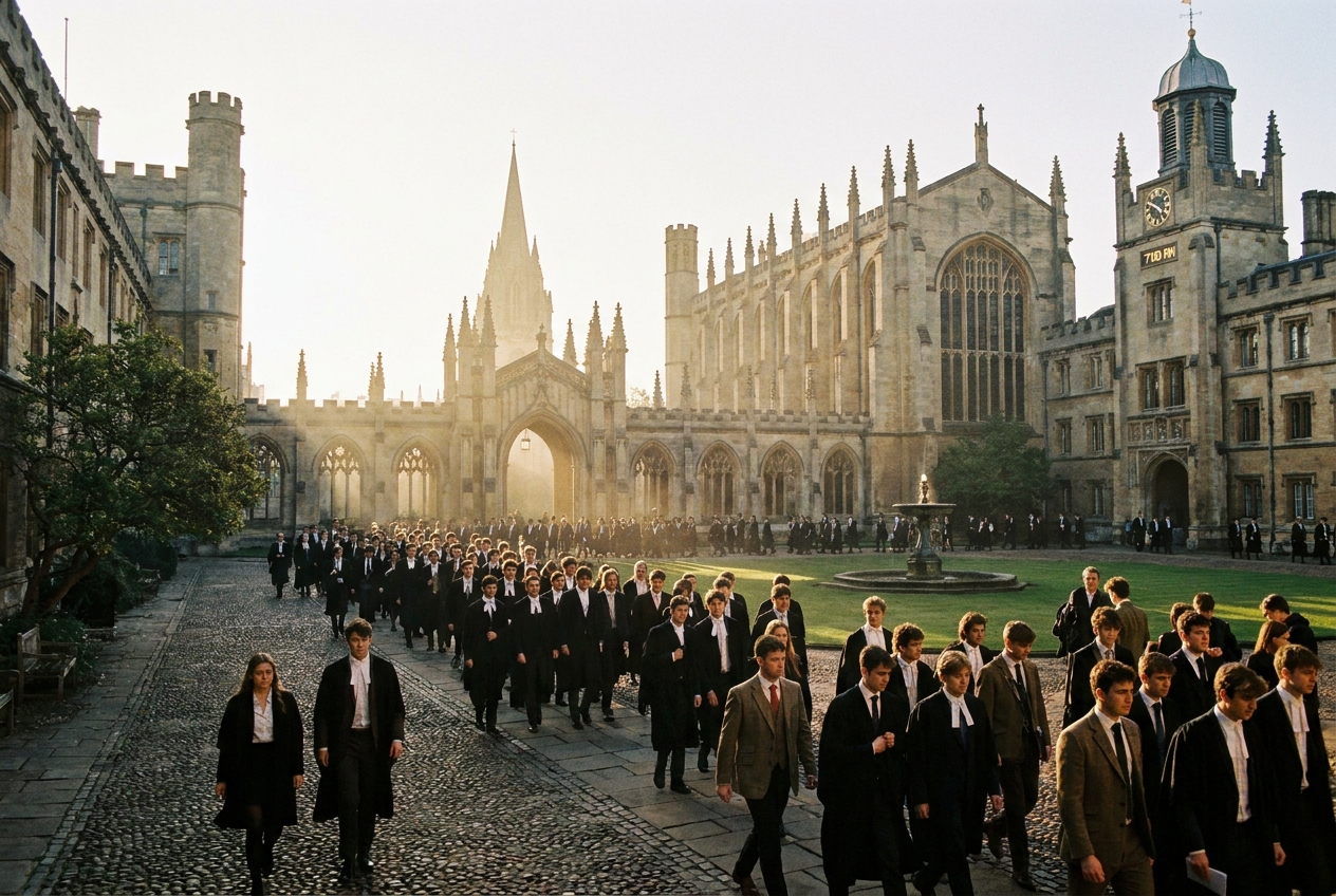 A wide, dramatic photograph of students walking through the grand, historic quad of a classic British university campus, bathed in soft, early morning light. The architecture is imposing and traditional, evoking a sense of academic pursuit, composed for a 3:2 landscape frame.