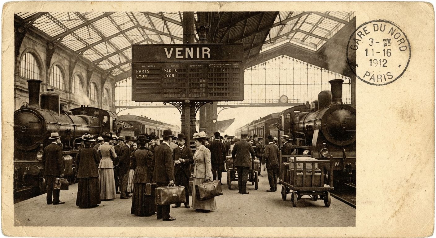 This image is a sepia-toned scene of a bustling train station platform around 1912. The style is reminiscent of a vintage photograph or postcard, with visible paper texture and slight imperfections. The color palette is limited to shades of brown, beige, and gray, creating a nostalgic atmosphere.

The composition focuses on a central platform where passengers dressed in period clothing are gathered, many with luggage. Large steam trains flank the platform on either side. Overhead, a large sign displaying "VENIR" and train destinations hangs beneath the station's iron and glass arched roof. A postmark "GARE DU NORD - PARIS" is visible in the upper right corner, adding to the historical context.