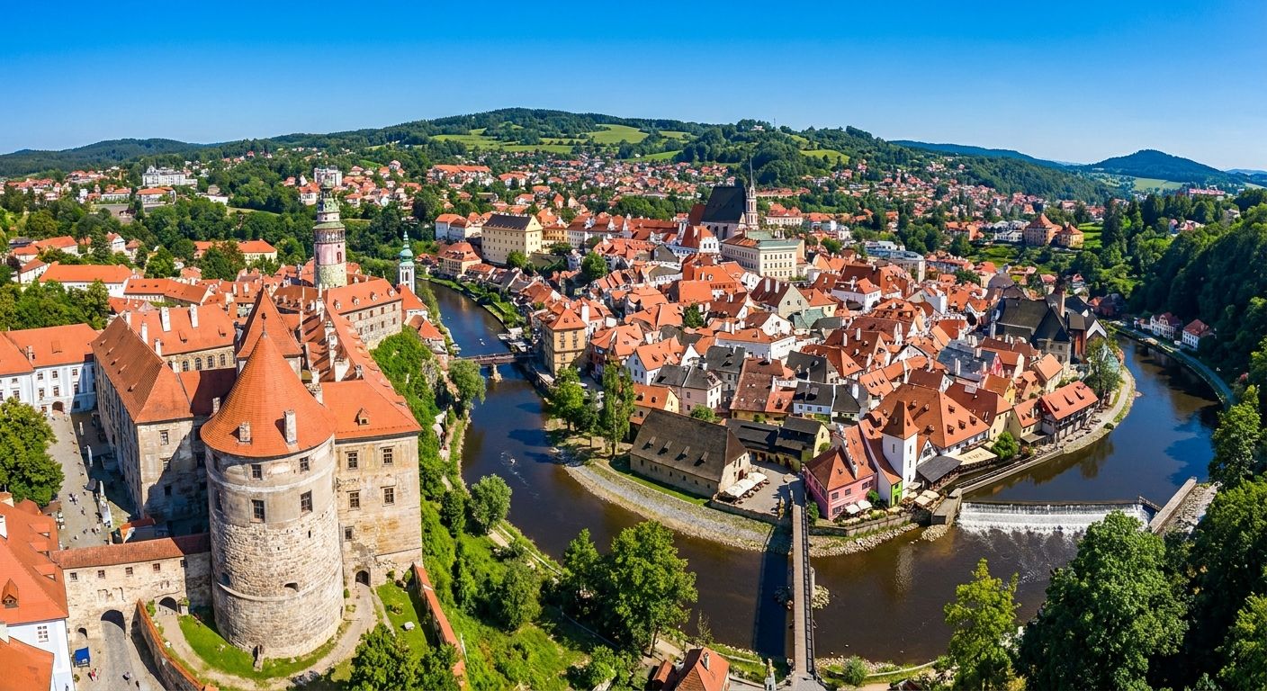 An breathtaking aerial photograph of the historic town of Cesky Krumlov, nestled within the dramatic S-bend of the Vltava River, with its iconic castle and medieval red-roofed buildings visible from above, under a bright, clear sky, captured in vivid color.