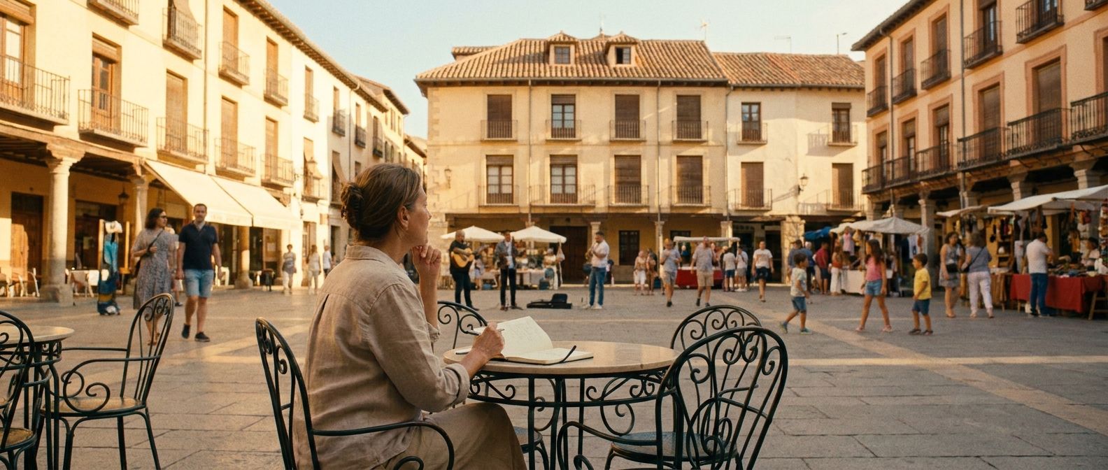 A wide-angle, sun-drenched photograph of a person sitting at a small outdoor cafe table in a bustling Spanish plaza. An open notebook and pen are on the table, and the person is looking thoughtfully at the vibrant street life unfolding around them, with traditional Spanish architecture in the background.