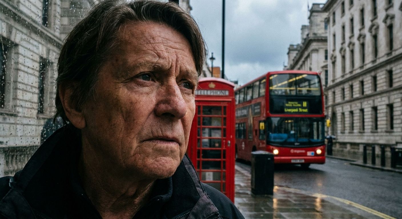 A close-up, dramatic portrait of a pensive person with a thoughtful expression, looking slightly off-camera, with a quintessential British city street scene (red phone booth, double-decker bus, historic architecture) softly blurred in the background, conveying a sense of reflection on past events. The lighting is soft and atmospheric, like a cinematic photograph.