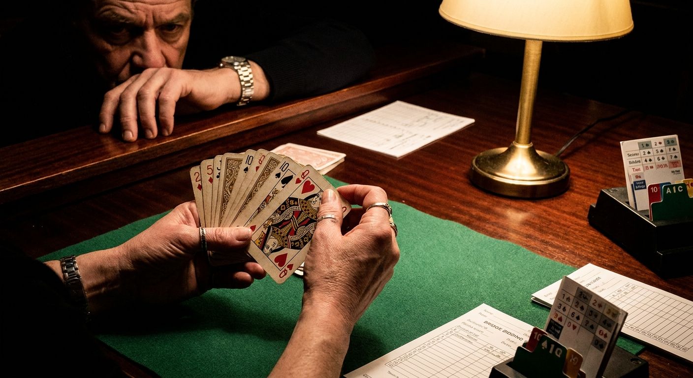 A vivid, dramatic close-up photograph of two pairs of hands at a polished wooden bridge table during an intense game. One hand is poised to play a crucial card, while the other partner's hand rests thoughtfully, anticipating a subtle signal. The focus is on the cards and the strategic tension, with elegant playing cards visible. Strong, directional lighting casts dramatic shadows, emphasizing the concentration and silent communication.