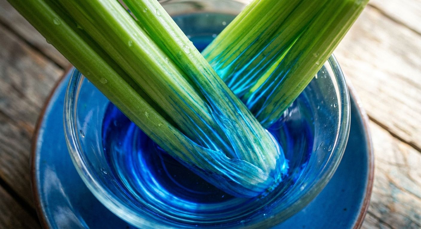 A dramatic close-up, high-angle photograph of a fresh green celery stalk with its base immersed in a vibrant blue liquid. The blue liquid is visibly drawn up into the celery's vascular tissues, creating striking blue lines against the green stalk, illustrating water absorption. Bright, natural light with a shallow depth of field.