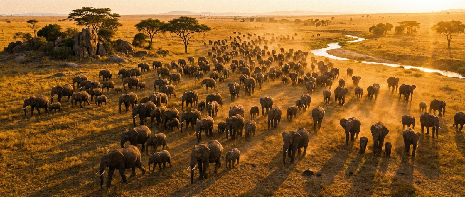 A dramatic, wide-angle photograph of a vast herd of elephants, including many adults and young, moving across a sun-drenched African savanna. The elephants fill the frame, conveying the immense scale of the population thriving within its natural ecosystem, with golden hour light casting long shadows.