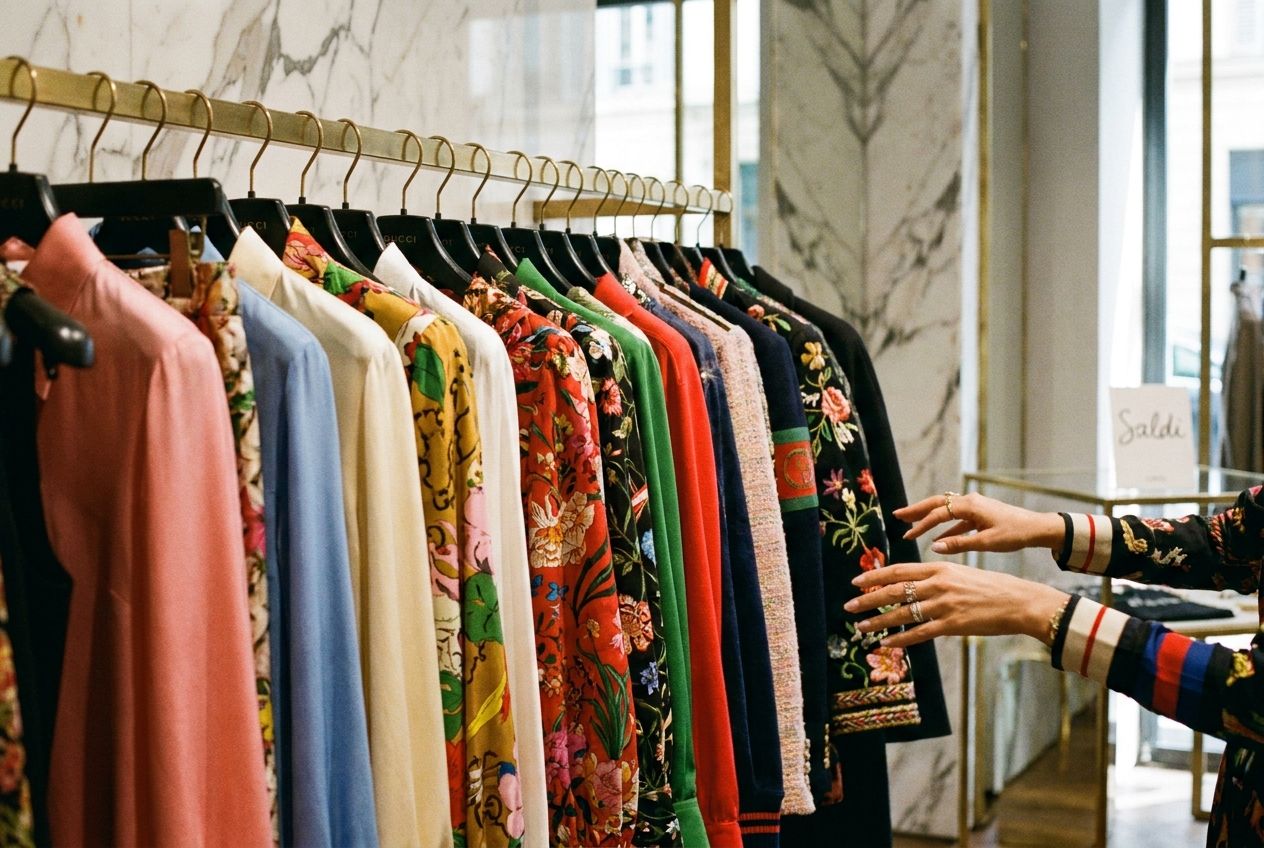 A close-up, vivid photograph of hands elegantly sifting through a rack of vibrant Italian designer clothes in an upscale boutique, with a hint of a 'Saldi' (Sale) sign subtly visible in the background, composed for a 3:2 landscape frame.