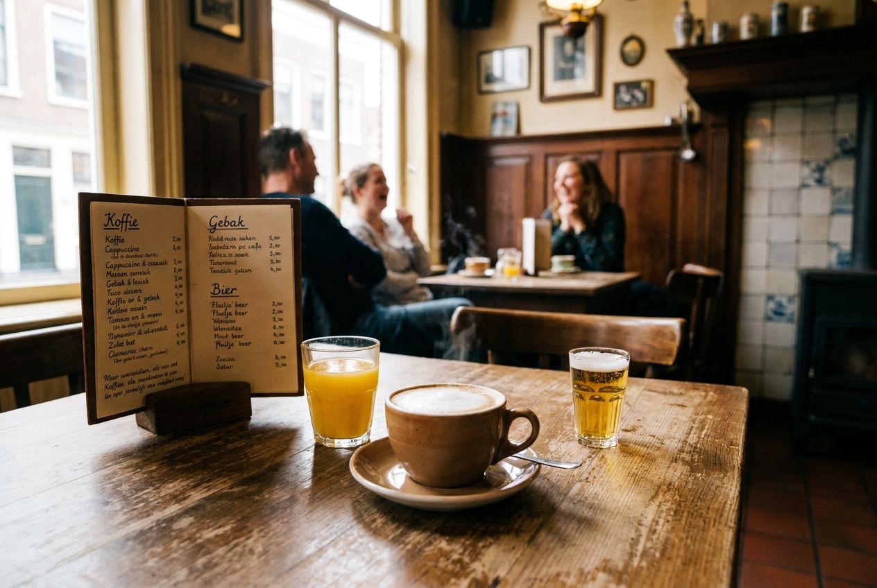A warm, inviting close-up photograph of a wooden table in an authentic Dutch café, featuring a steaming cappuccino, a fresh glass of orange juice, a small glass of Dutch beer, and an open menu. Soft, natural light illuminates the scene, with blurred figures enjoying the atmosphere in the background, conveying a sense of relaxed social interaction in a 3:2 landscape frame.