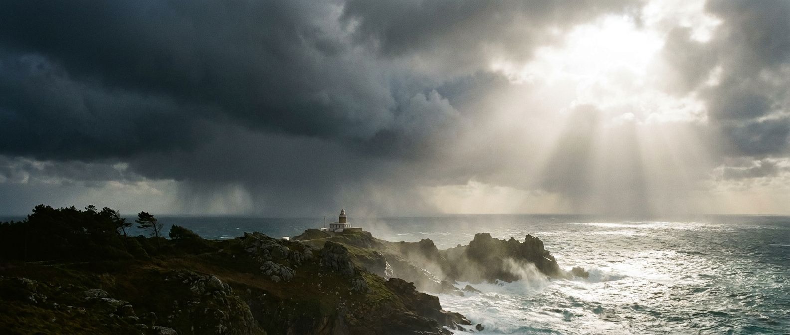 A wide, dramatic photograph of a rugged Spanish coastline under a dynamic sky. On one side, dark, heavy storm clouds gather, while on the other, bright sunlight breaks through, illuminating the tumultuous sea and hinting at wind, capturing the changing elements of weather.