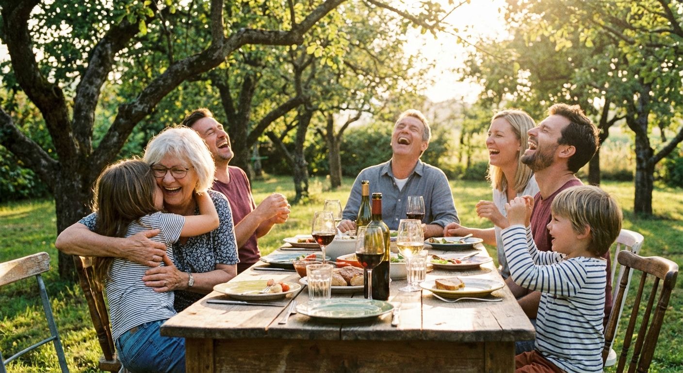 A warm, candid photograph of a multi-generational family laughing together during an outdoor dinner in a sun-drenched garden. The scene features soft golden hour light filtering through the trees, highlighting the genuine expressions of connection and joy between children, parents, and grandparents.