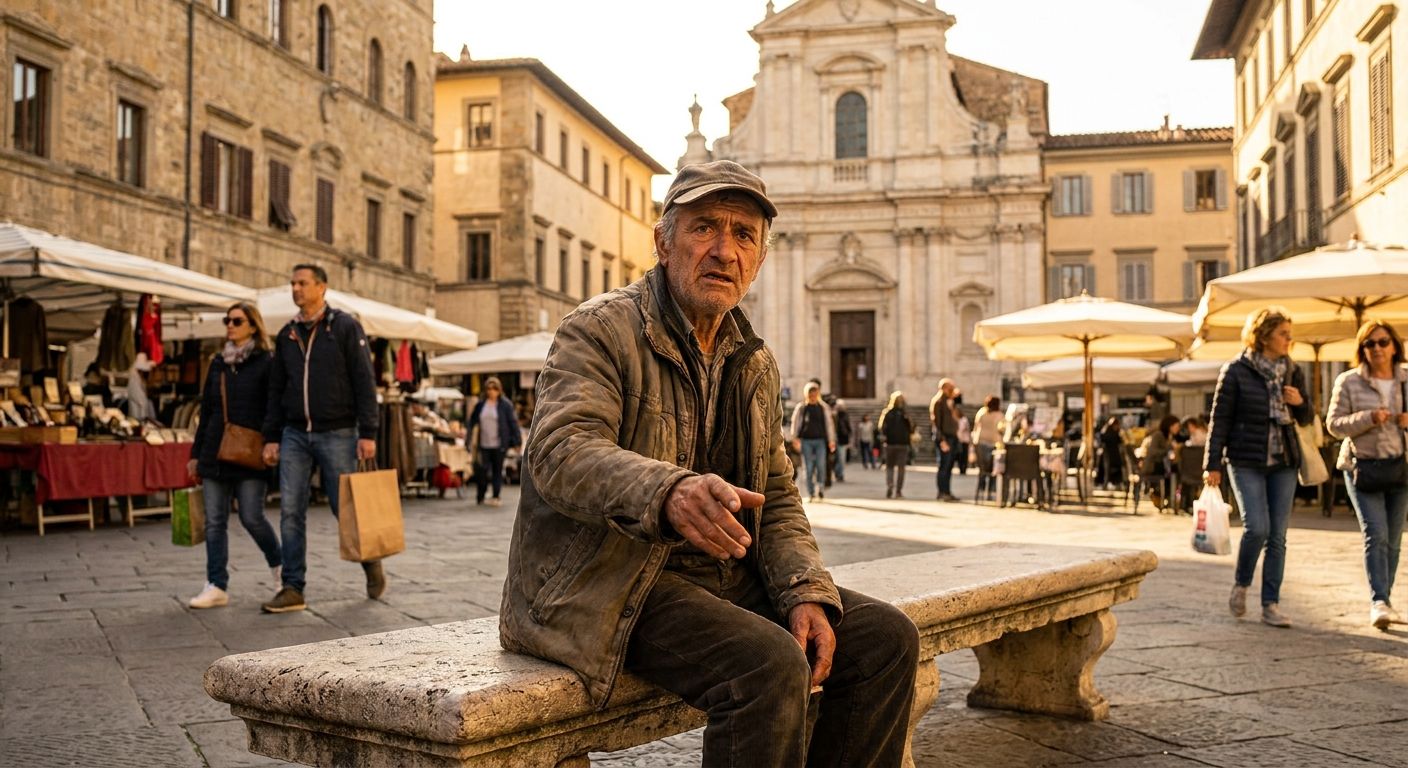 A vibrant, sun-drenched photograph of an older person, looking slightly distressed and reaching out a hand as if seeking attention, sitting on a stone bench in a beautiful, bustling Italian piazza with historic architecture in the background, conveying a sense of urgency amidst daily life.