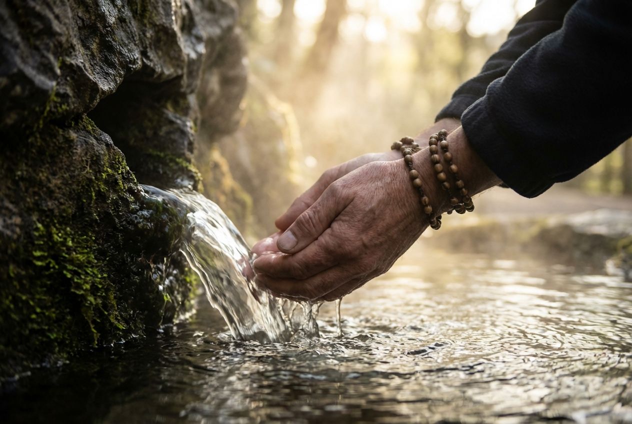 A dramatic, close-up photograph of hands reverently cupping and touching the flowing spring water at the Grotto of Lourdes, France. Soft, ethereal light illuminates the water and hands, conveying a sense of spiritual devotion, hope, and healing. Composed for a 3:2 landscape frame.