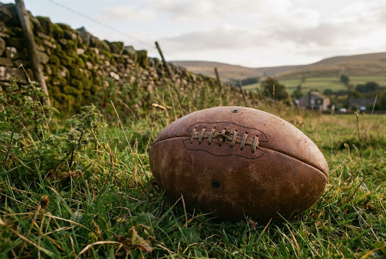 A nostalgic, atmospheric photograph of a worn, vintage leather football resting on a patch of slightly overgrown grass, with an old, weathered stone wall and distant rolling hills under a soft, diffused British sky. The scene evokes a sense of past play and bygone days, composed for a 3:2 landscape frame.