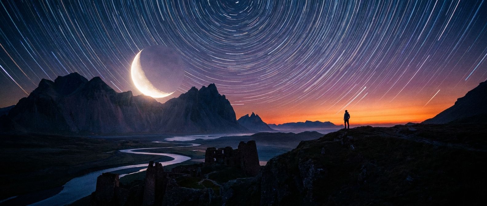 A dramatic, wide-angle photograph captures a luminous crescent moon ascending in a deep twilight sky, with subtle, long-exposure star trails creating a sense of celestial movement and the passage of time. The scene evokes the unfolding of destiny and future cycles.