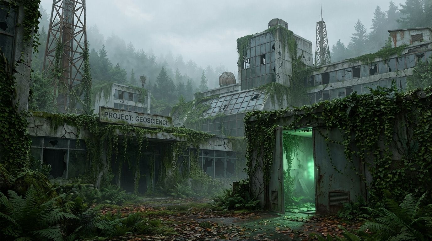 A wide-angle, atmospheric photograph of an old, abandoned scientific research facility, partially overgrown with lush vegetation, its structures showing signs of gradual decay and the passage of time. A subtle, ethereal green glow emanates from within a partially open doorway, hinting at unseen energies and residual scientific processes.