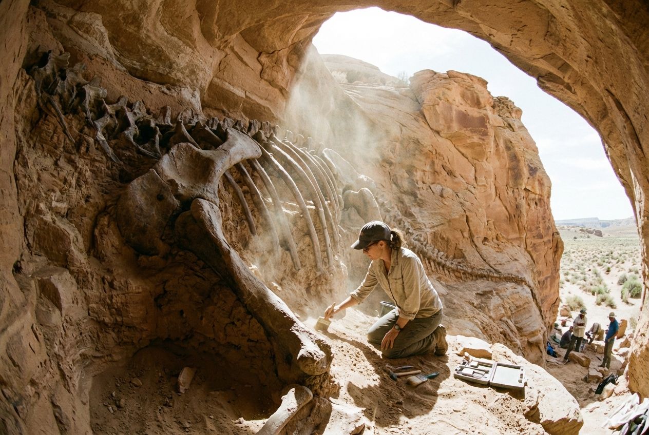 A wide-angle shot of a paleontologist carefully brushing dirt away from a large, fossilized dinosaur skeleton embedded in sandstone rock, with sunlight streaming in from above. The fossil is partially uncovered, showing ribs and a leg bone, emphasizing the scale and age of the discovery.