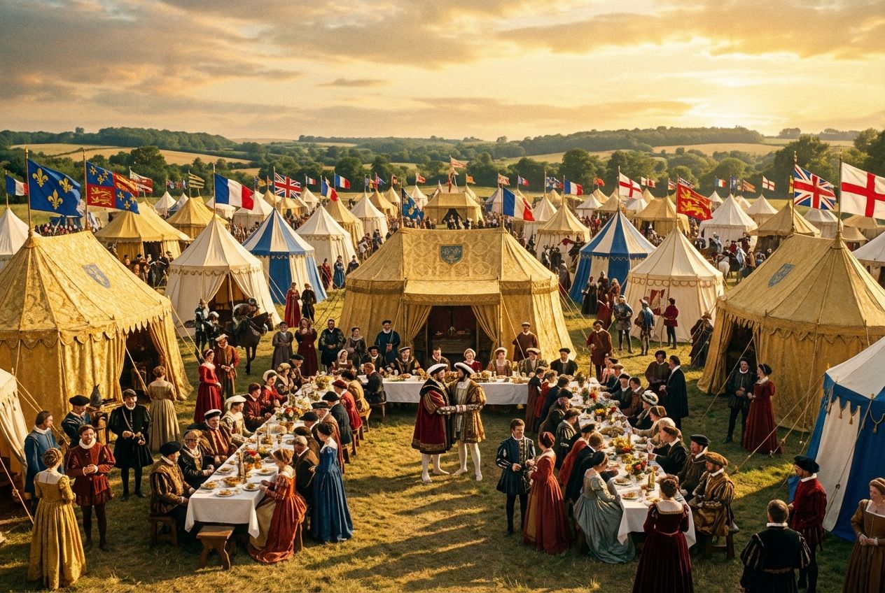 A wide, dramatic photograph capturing the opulent grandeur of the Field of the Cloth of Gold. Elaborate, golden-threaded tents and vibrant banners stretch across a sunlit field, with richly dressed Tudor and French nobles mingling and feasting, perhaps with a distant jousting tournament in progress. The scene is vibrant and full of life, showcasing immense wealth and diplomatic theatre, composed for a 3:2 landscape frame.