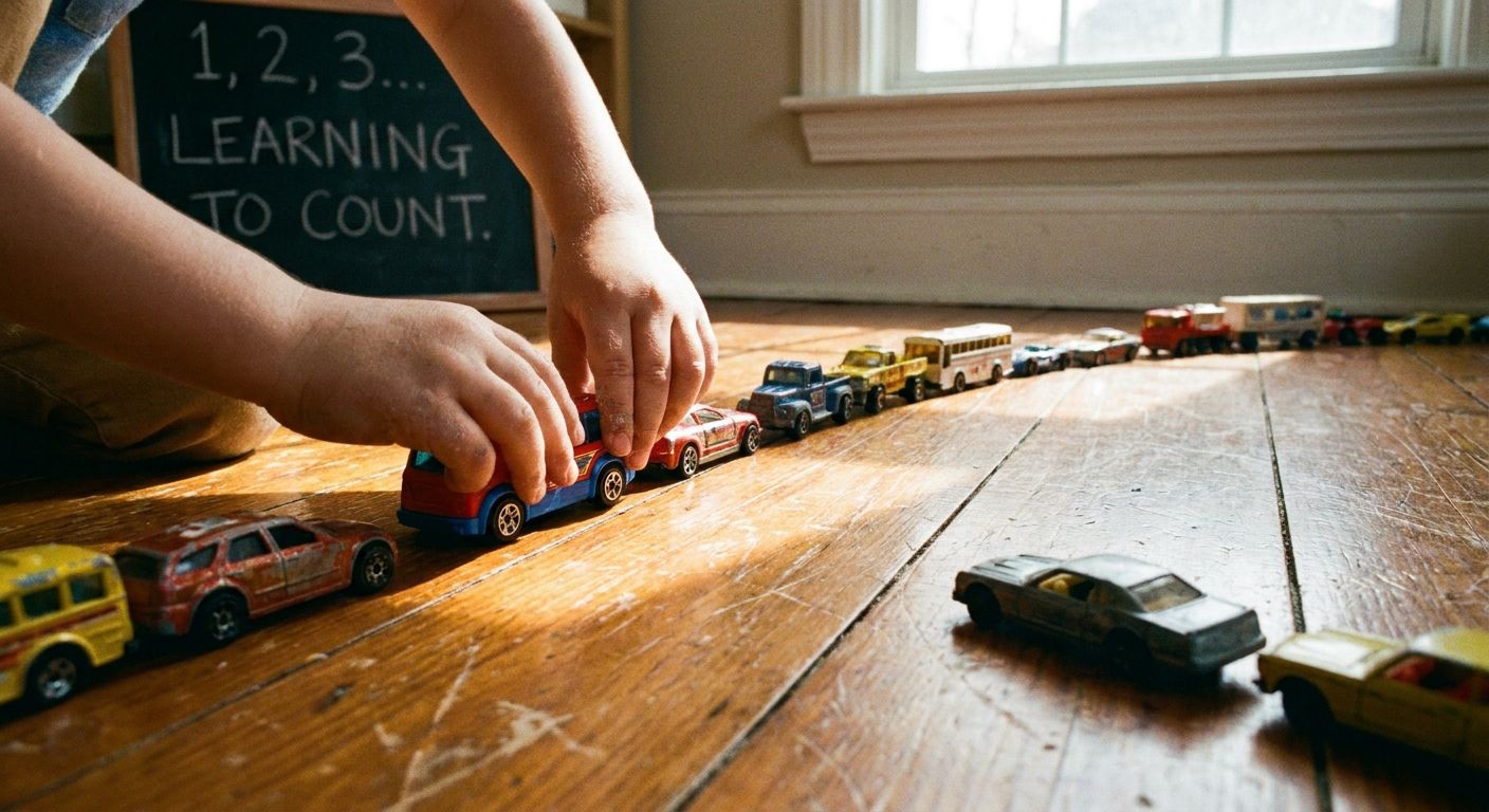 A close-up, low-angle photograph of a child's hands carefully placing a small, brightly colored toy car into a long, organized line of other toy cars on a worn wooden floor, bathed in warm, soft sunlight. The composition emphasizes the sequence and the growing collection, representing the journey of learning to count.