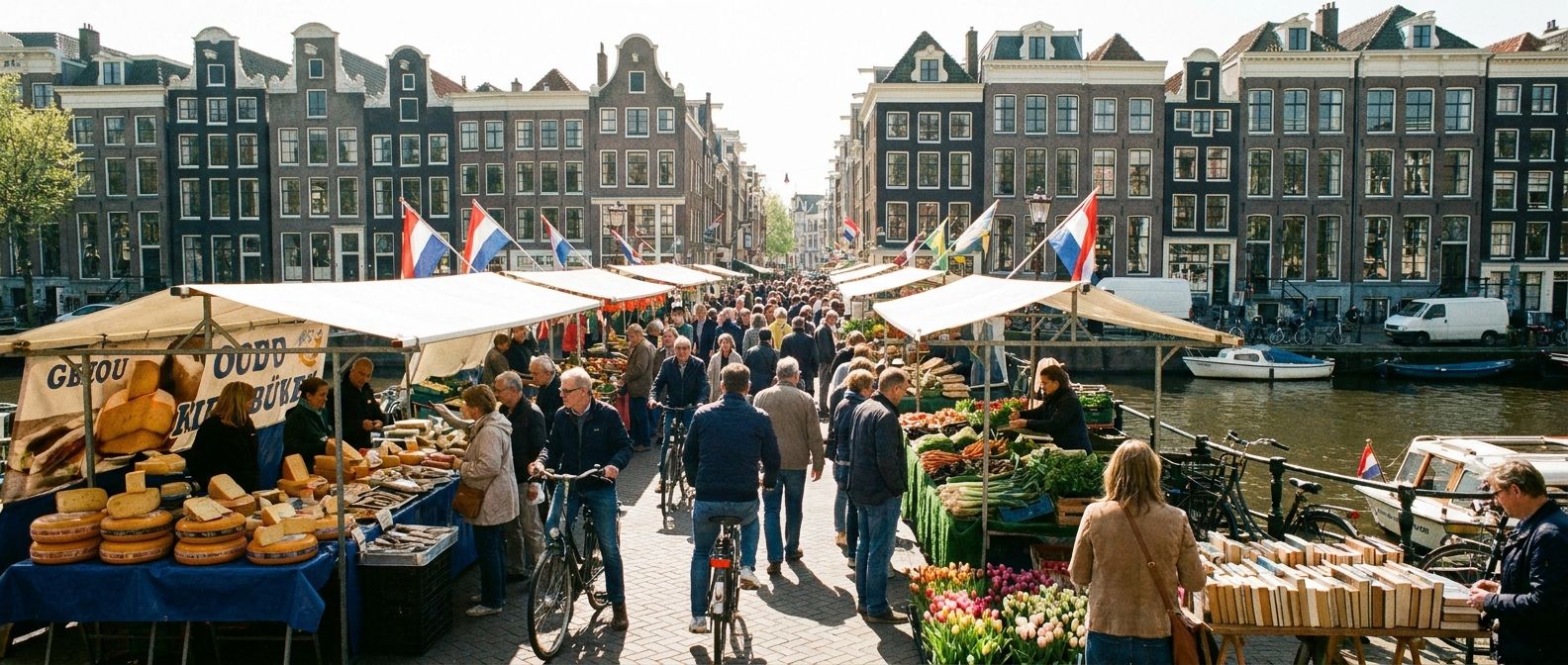 A bustling, sunlit street market in a charming Dutch city, with people browsing stalls filled with fresh food, colorful flowers, and books. Traditional canal houses with prominent windows line the background, reflecting in the calm canal water, creating a vibrant and lively scene captured in a wide, horizontal photograph.