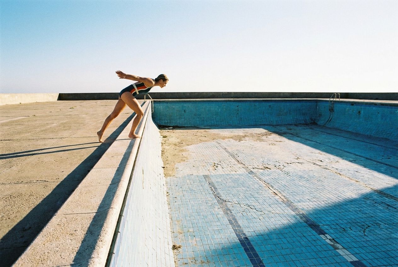 A lone figure in a swimsuit stands at the edge of a large, empty swimming pool, looking down into its dry, tiled depths. The person's posture suggests readiness to dive, contrasting sharply with the clear absence of water, under a bright, clear sky. Captured in a wide 3:2 landscape shot, with strong shadows cast by the pool's edge, creating a sense of quiet irony.