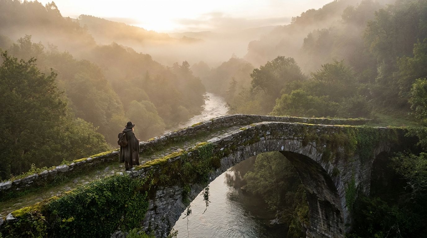 A wide, dramatic photograph of an ancient, moss-covered stone bridge arching gracefully over a misty gorge or a winding river. A lone figure, seen from behind, stands at the threshold of the bridge, looking out into the expansive, slightly hazy landscape beyond, conveying a sense of journey, decision, and the conditions of passage. The lighting is soft and atmospheric, with subtle hints of sunlight breaking through the mist, creating a contemplative mood.