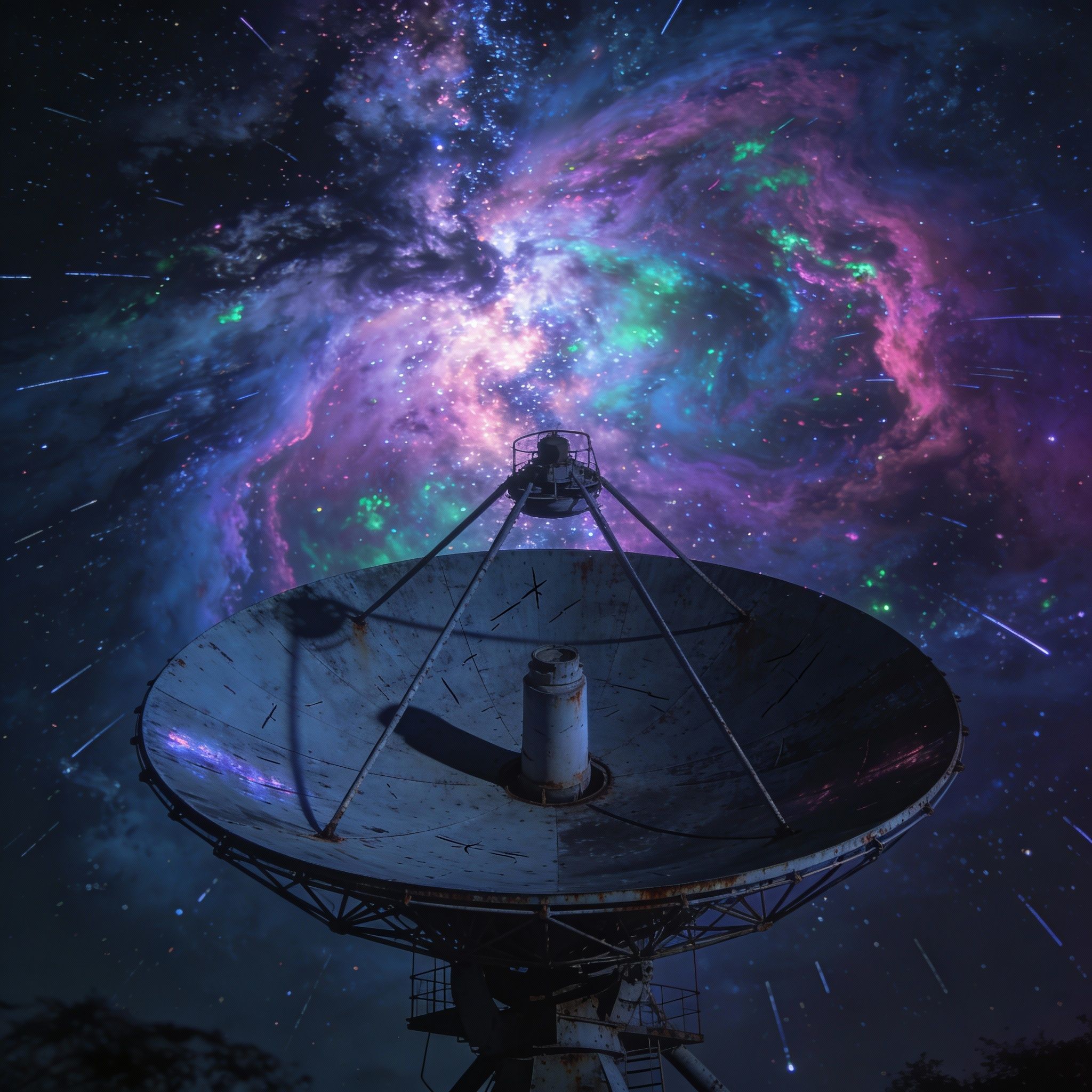 An old radio telescope dish at night, pointed towards a vibrant, colorful Milky Way. High contrast, long exposure.