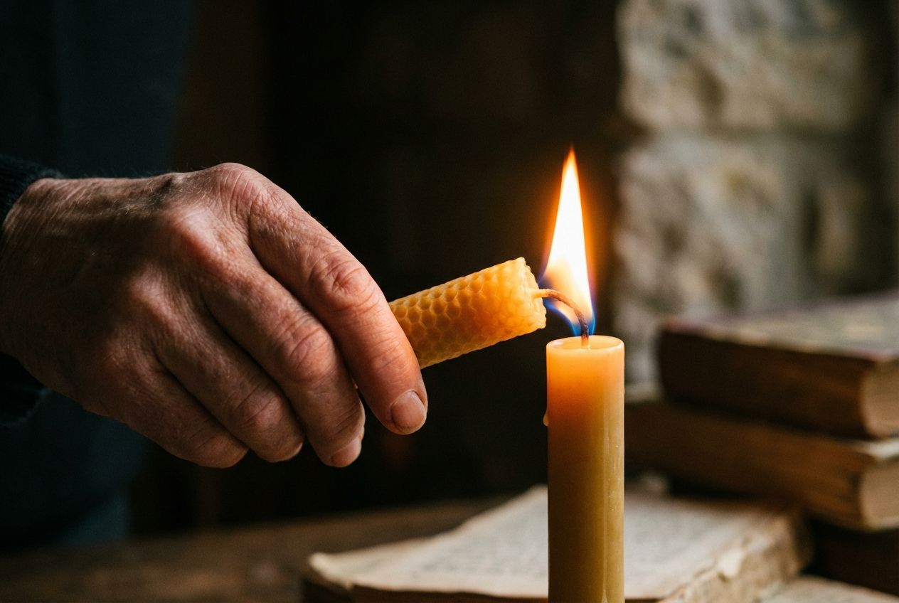 A dramatic, close-up photograph in a 3:2 landscape frame, showing a serene, gentle hand carefully transferring a vibrant flame from one lit candle to the wick of an unlit candle. The warm, soft glow of the flames illuminates the scene against a softly blurred, contemplative background, emphasizing intentional action, continuity, and the delicate nature of existence.