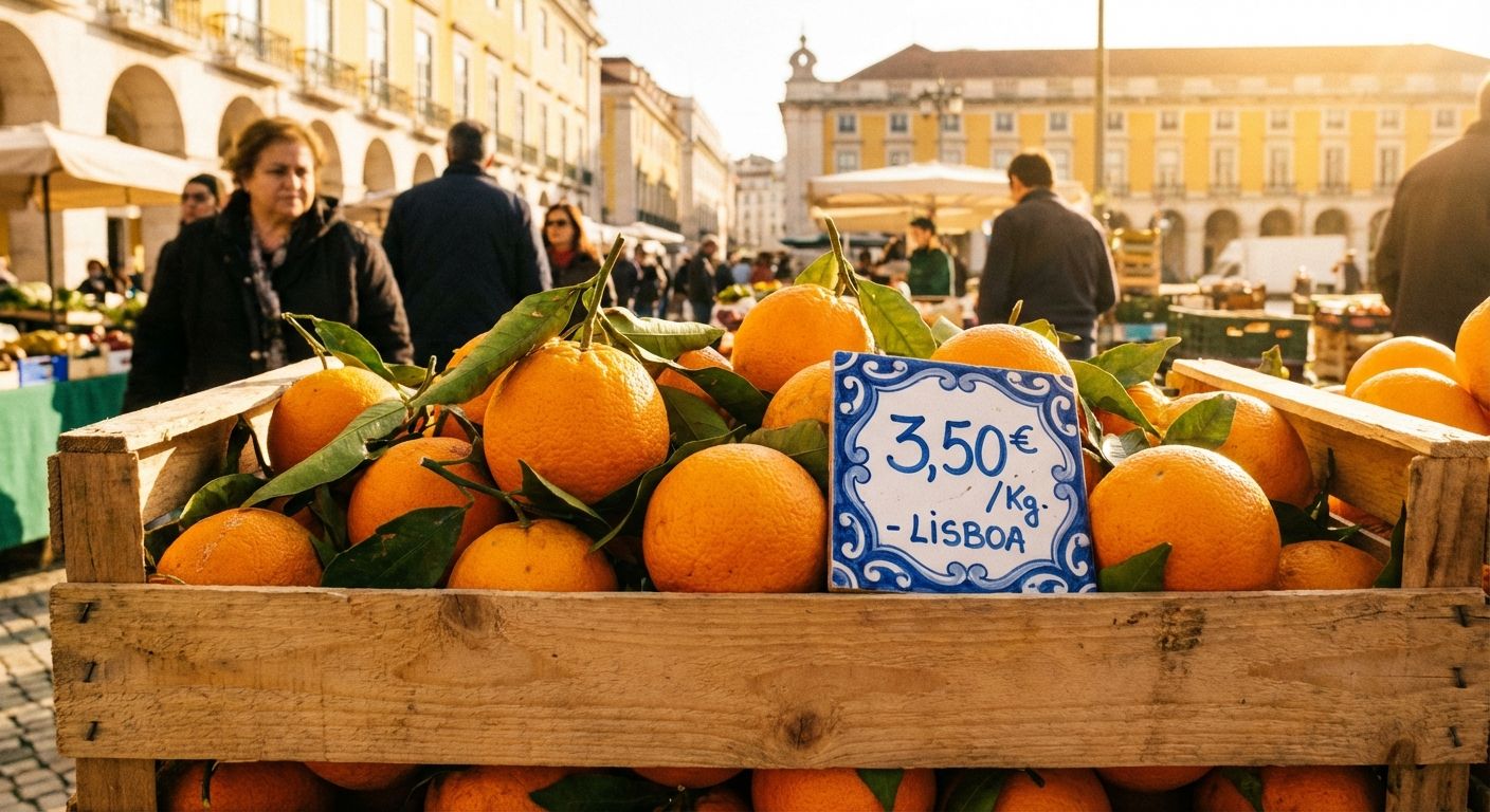 A vibrant, sun-drenched close-up of a rustic wooden crate filled with bright, leafy oranges at a traditional Lisbon street market. A small, hand-painted ceramic tile with a price sits nestled among the fruit, with the warm, golden light of a Mediterranean afternoon catching the textures of the citrus skin.